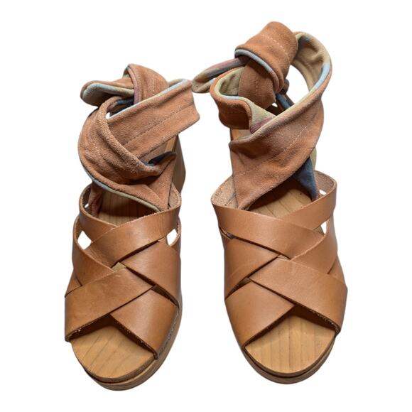 Free People Emmy Camel Tan Leather Suede Ankle Wrap Clog Sandals EU 39 US 8.5 - Picture 2 of 8